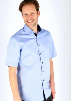 ETERNA modern fit overhemd, korte mouw, heren overhemd fijn Oxford, blauw (gestipt contrast)