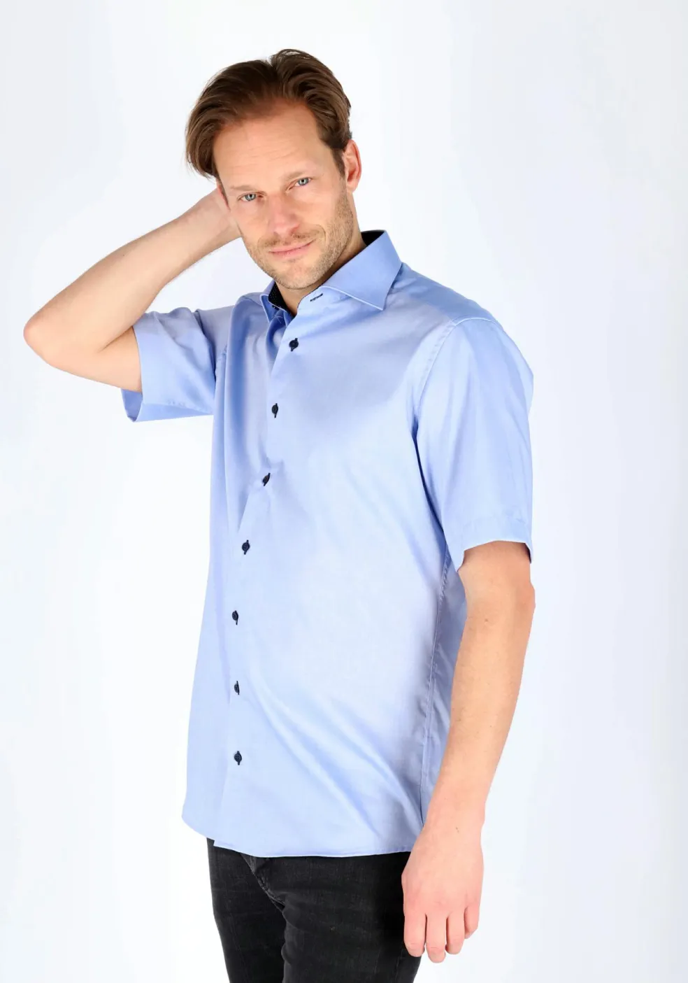 ETERNA modern fit overhemd, korte mouw, heren overhemd fijn Oxford, blauw (gestipt contrast)
