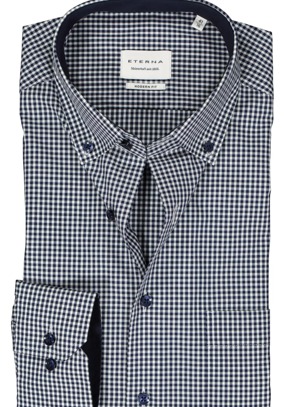 ETERNA modern fit overhemd, popeline, middenblauw met wit geruit (contrast)