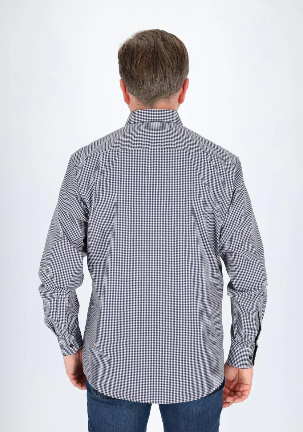 ETERNA modern fit overhemd, popeline, middenblauw met wit geruit (contrast)