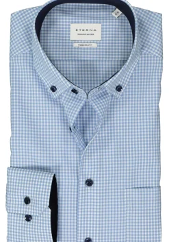 ETERNA modern fit overhemd, popeline, lichtblauw met wit geruit (contrast)