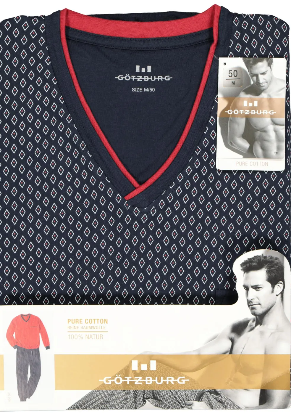 Gotzburg heren pyjama, blauw met rood en wit dessin