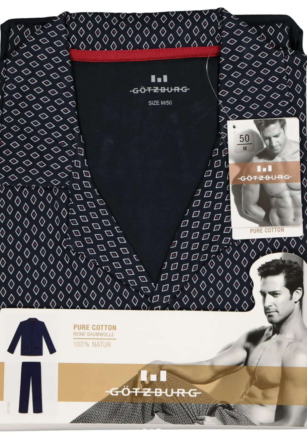 Gotzburg heren pyjama met knoopjes, blauw met rood en wit dessin
