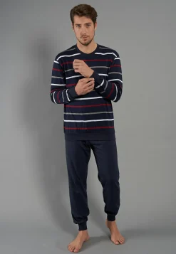 Gotzburg heren pyjama O-hals, donkerblauw gestreept