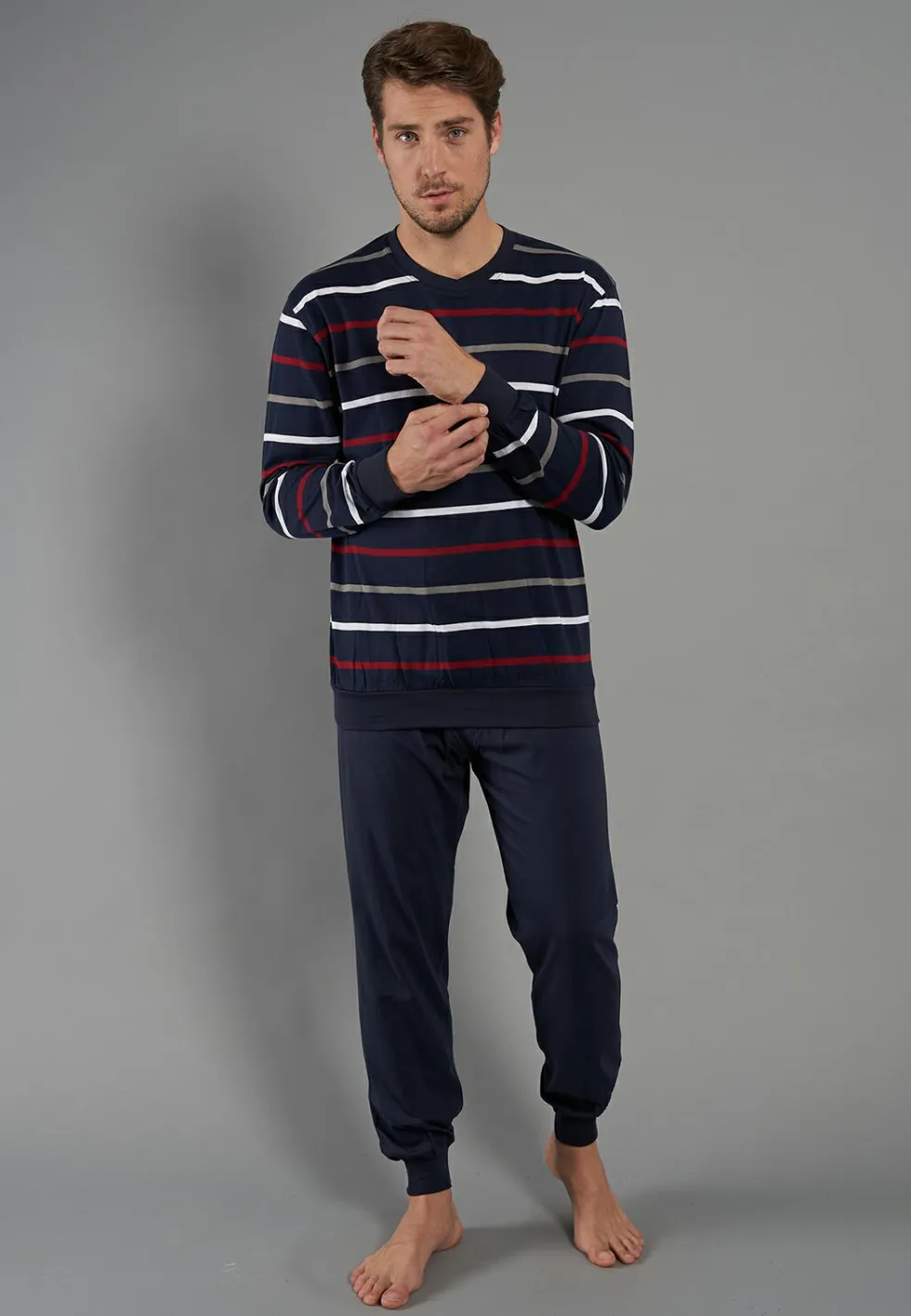 Gotzburg heren pyjama O-hals, donkerblauw gestreept
