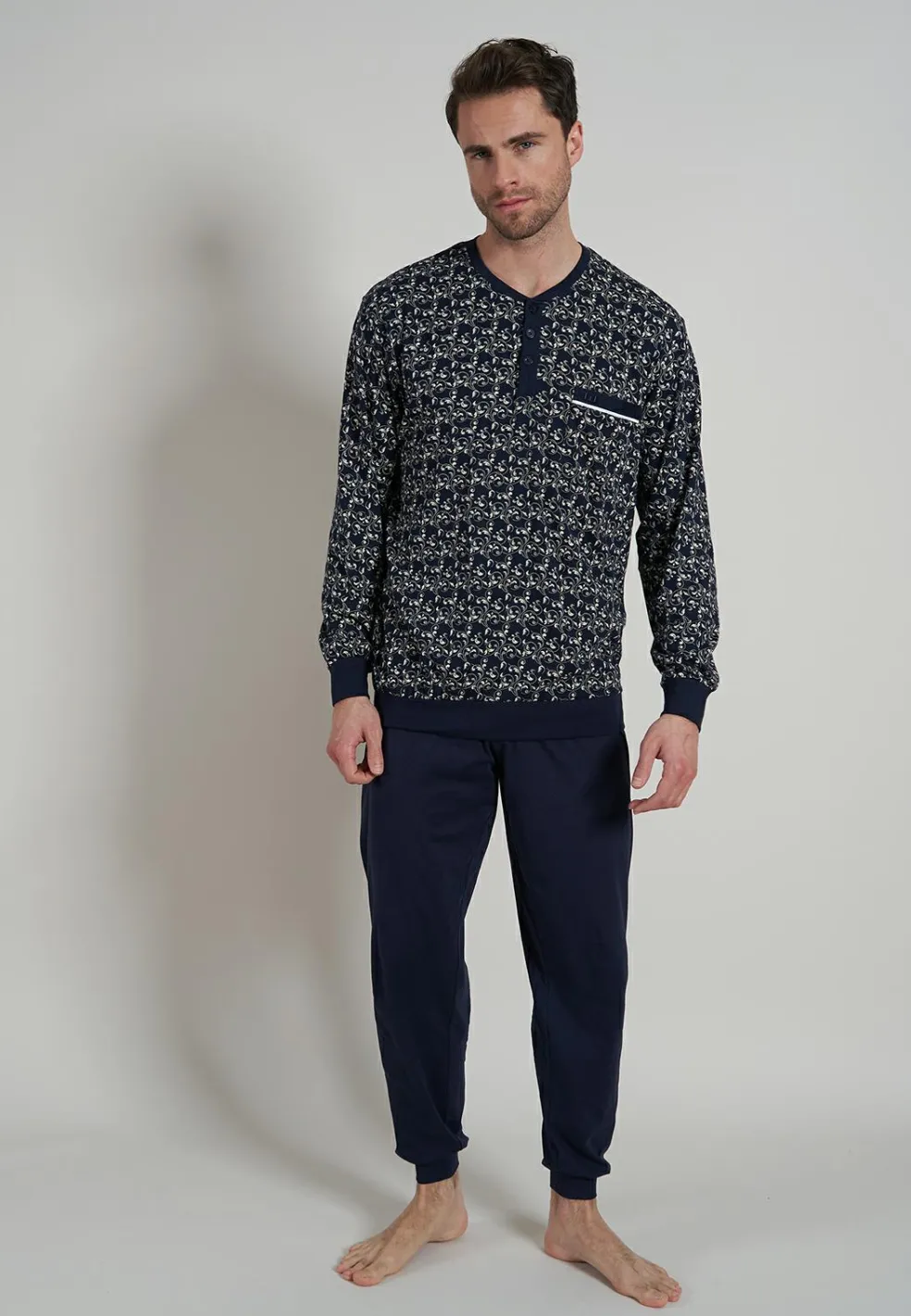 Gotzburg heren pyjama O-hals met knoopjes, middenblauw dessin
