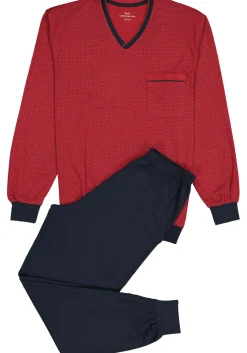 Gotzburg heren pyjama, V-hals, rood met blauw en wit dessin