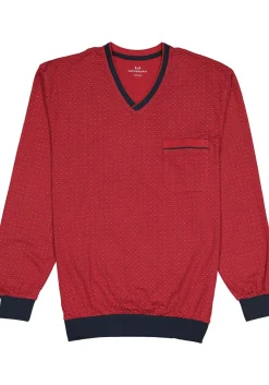 Gotzburg heren pyjama, V-hals, rood met blauw en wit dessin