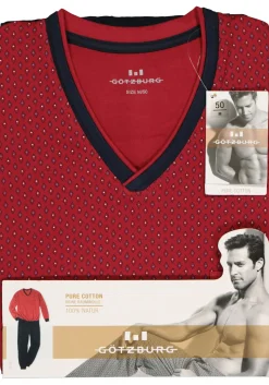 Gotzburg heren pyjama, V-hals, rood met blauw en wit dessin