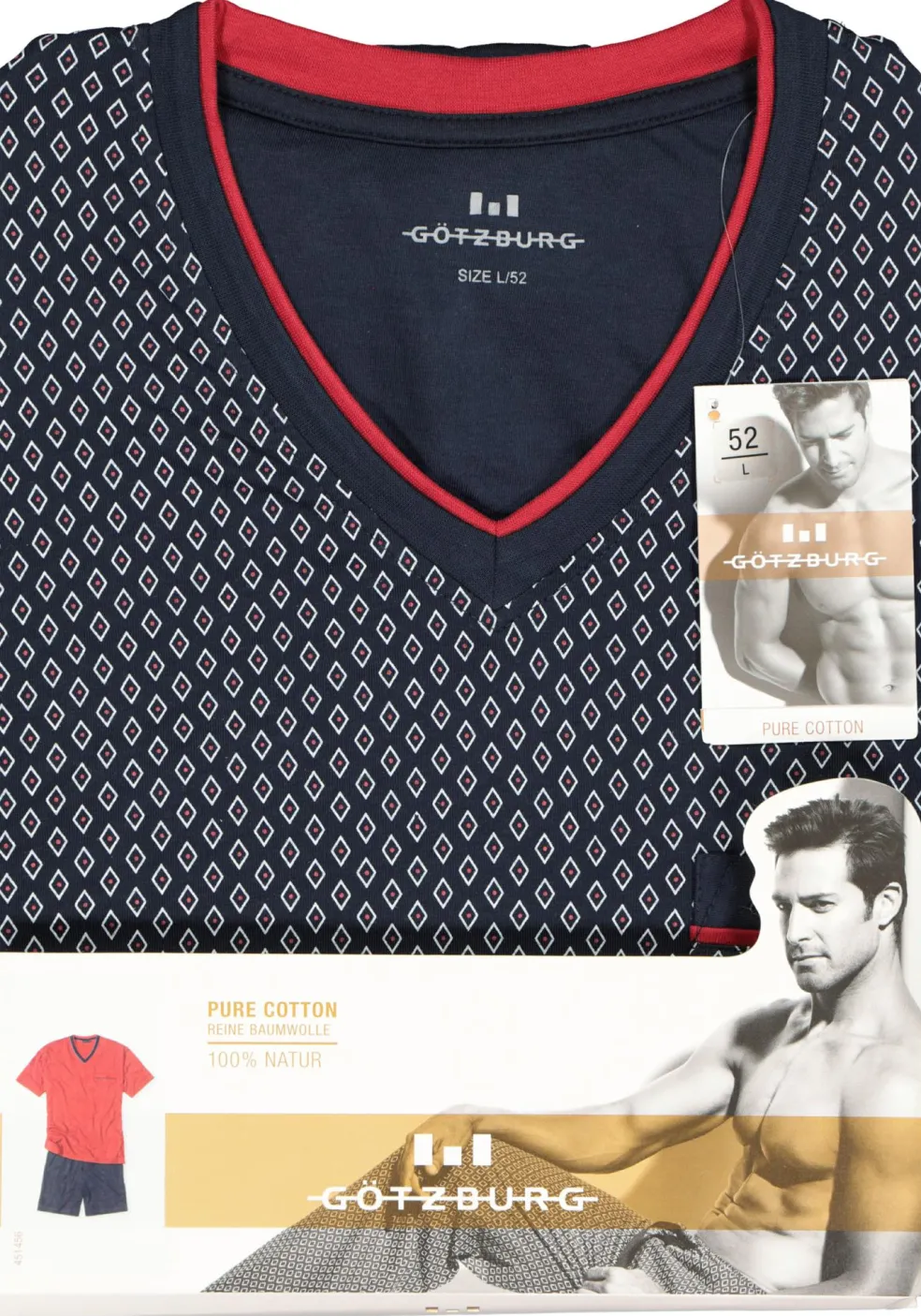 Gotzburg heren shortama, blauw met rood en wit dessin