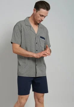 Gotzburg heren shortama met knoopjes, middenblauw mini dessin