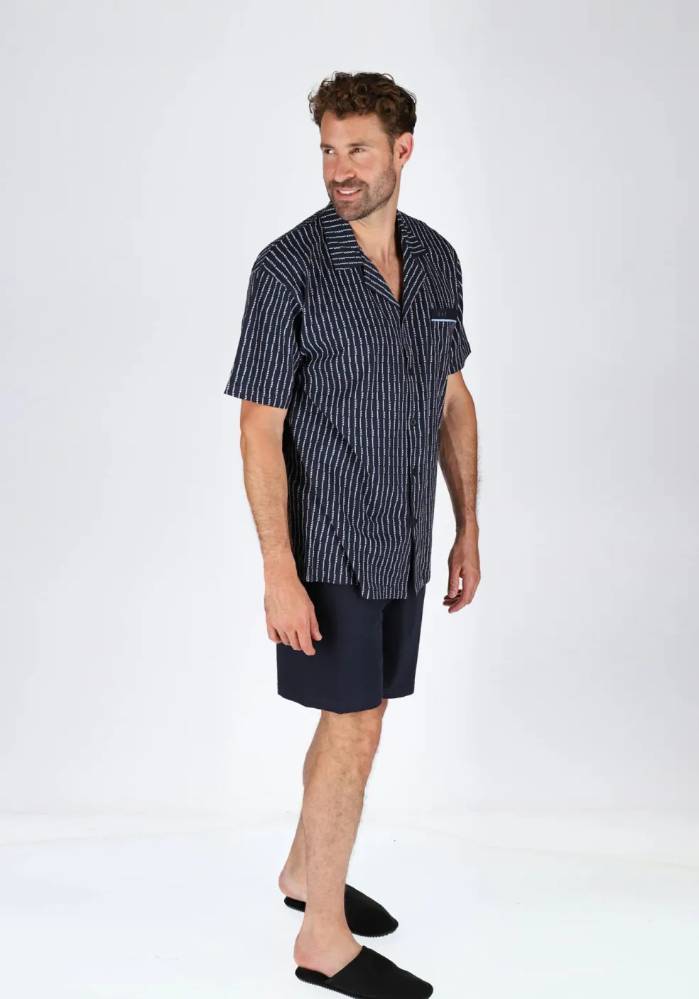 Gotzburg heren shortama met knoopjes, blauw met lichtblauw en wit dessin