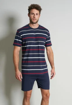 Gotzburg heren shortama O-hals, donkerblauw gestreept