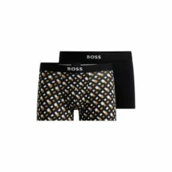 HUGO BOSS trunks (2-pack), heren boxers kort, zwart en zwart, wit beige logo print
