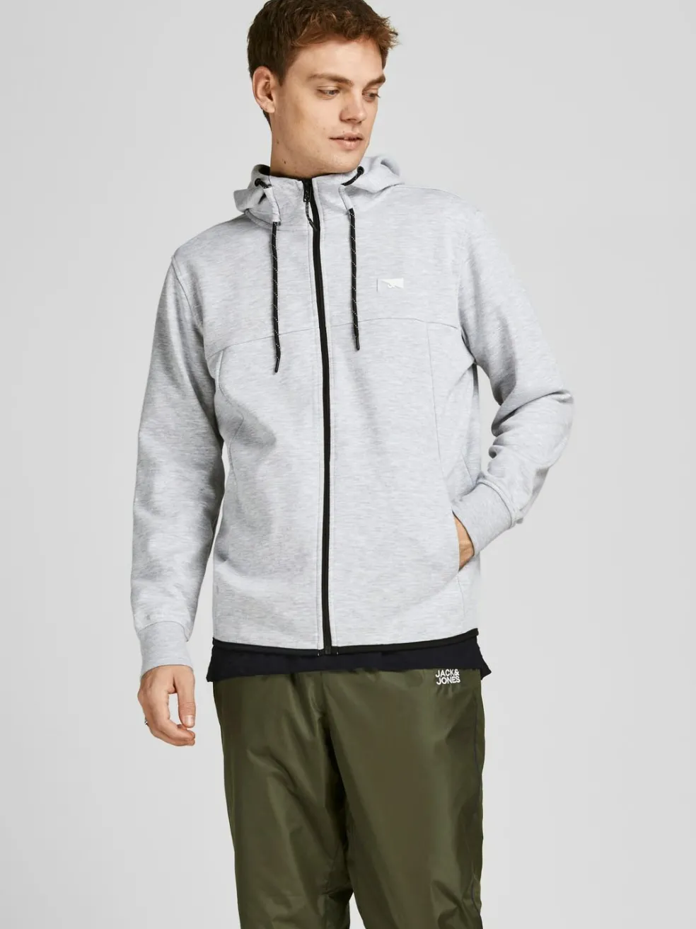 JACK & JONES Air sweat zip hood regular fit, heren sweatvest katoenmengsel met capuchon, lichtgrijs melange