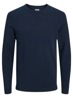 JACK & JONES Basic knit crew neck slim fit, heren pullover katoen met O-hals, blauw