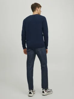 JACK & JONES Basic knit crew neck slim fit, heren pullover katoen met O-hals, blauw