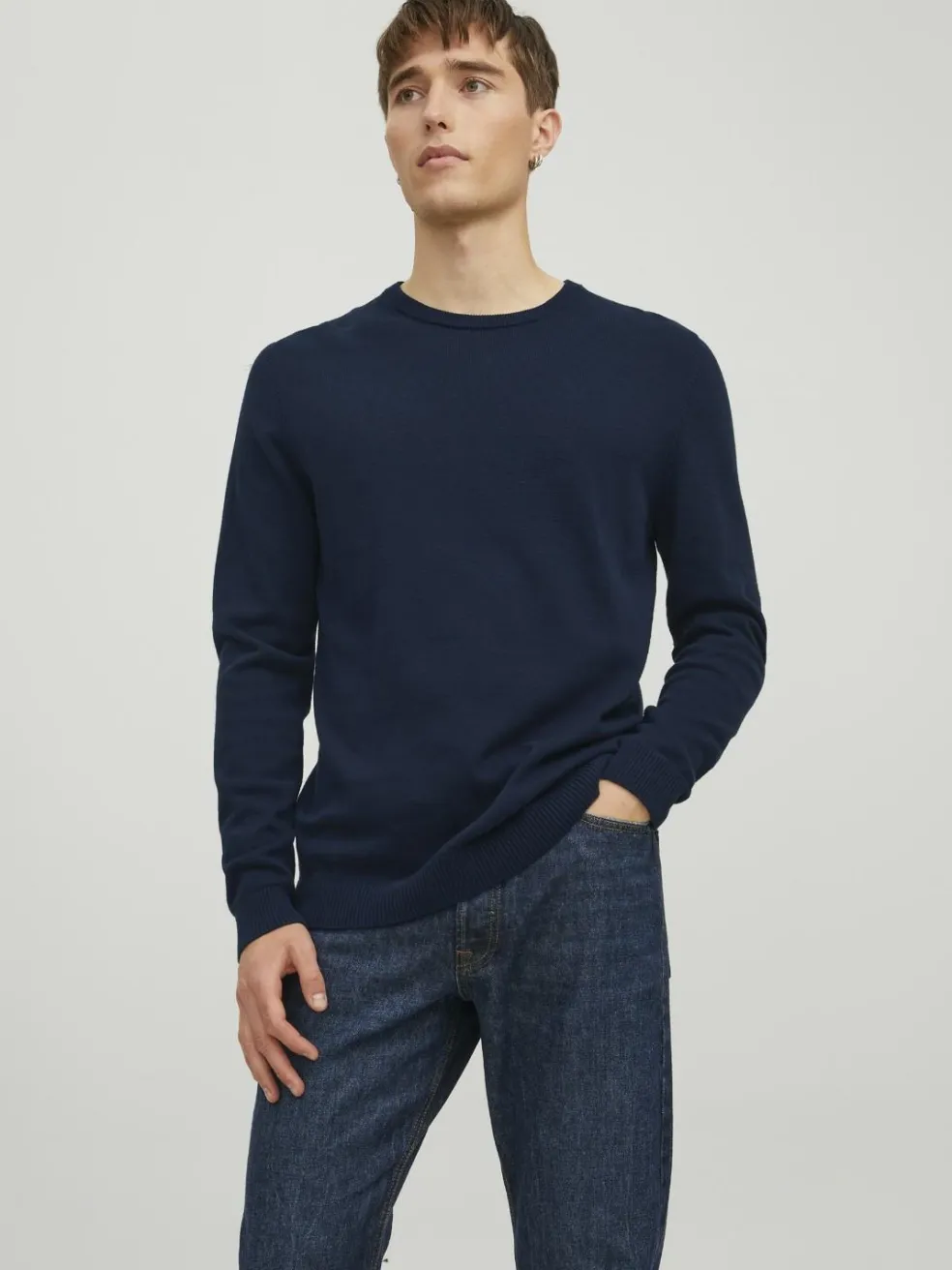 JACK & JONES Basic knit crew neck slim fit, heren pullover katoen met O-hals, blauw