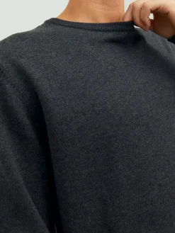 JACK & JONES Basic knit crew neck slim fit, heren pullover katoen met O-hals, donkergrijs melange