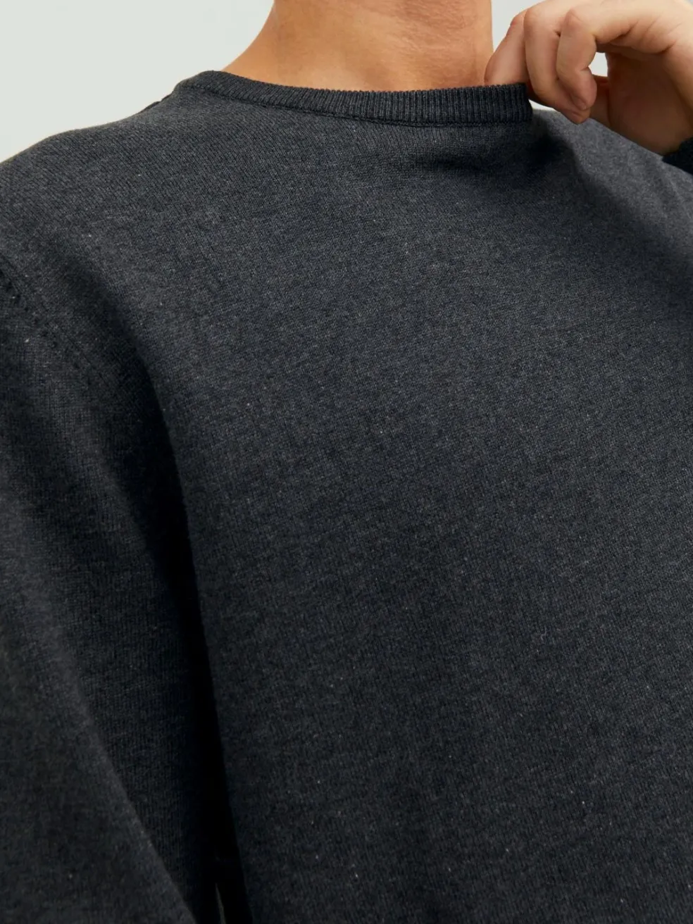 JACK & JONES Basic knit crew neck slim fit, heren pullover katoen met O-hals, donkergrijs melange