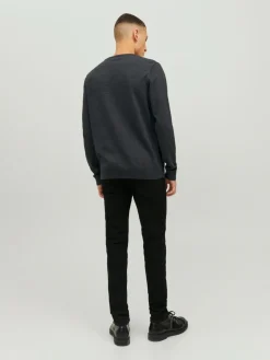 JACK & JONES Basic knit crew neck slim fit, heren pullover katoen met O-hals, donkergrijs melange