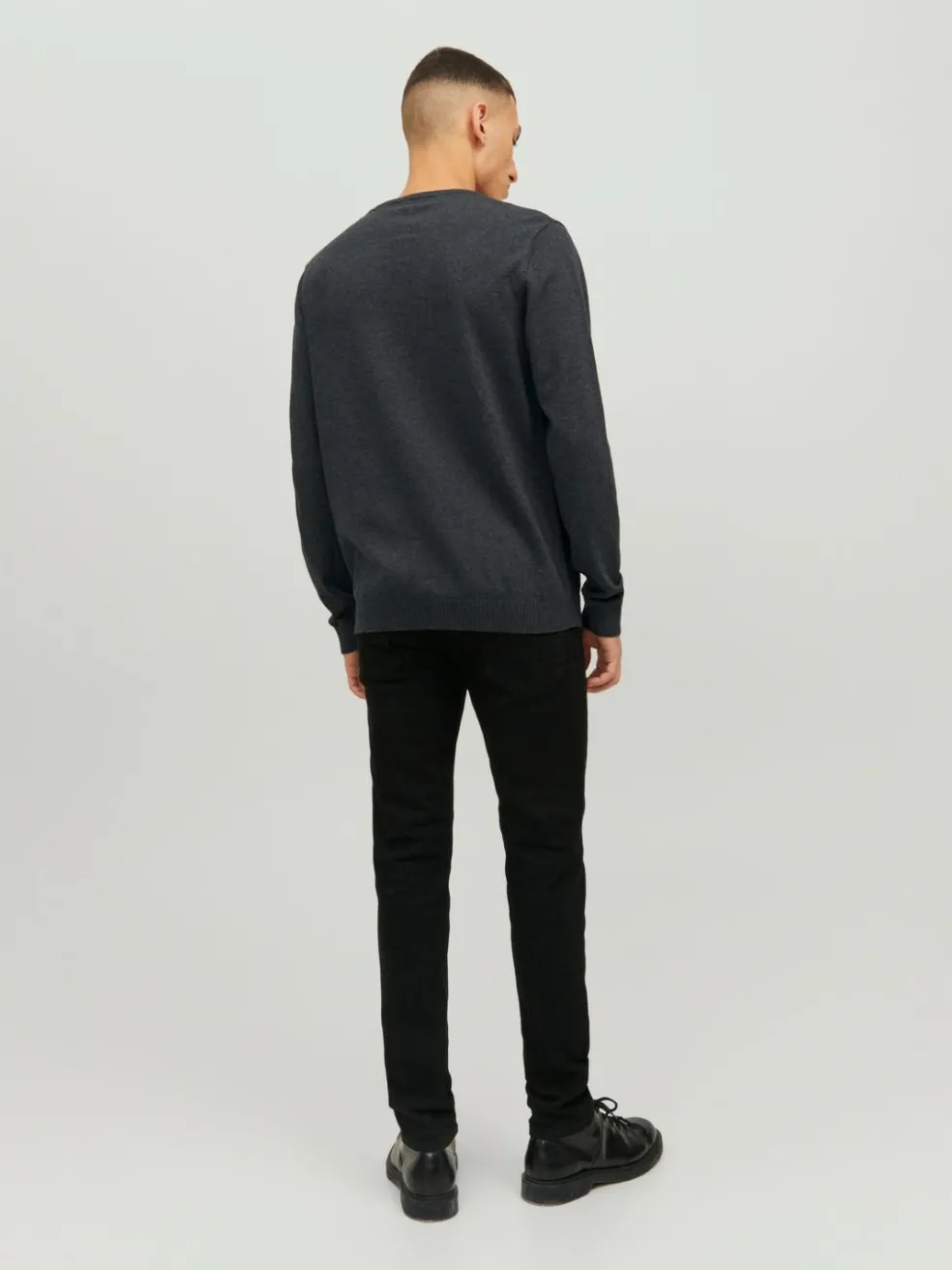 JACK & JONES Basic knit crew neck slim fit, heren pullover katoen met O-hals, donkergrijs melange