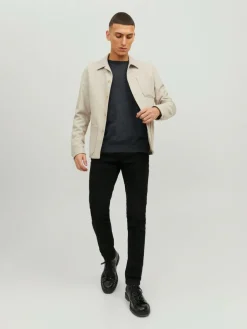 JACK & JONES Basic knit crew neck slim fit, heren pullover katoen met O-hals, donkergrijs melange