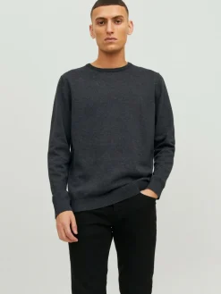 JACK & JONES Basic knit crew neck slim fit, heren pullover katoen met O-hals, donkergrijs melange