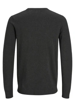 JACK & JONES Basic knit crew neck slim fit, heren pullover katoen met O-hals, donkergrijs melange