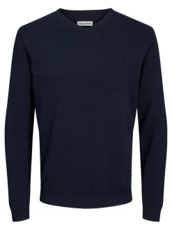 JACK & JONES Basic knit v-neck slim fit, heren pullover katoen met V-hals, blauw