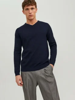 JACK & JONES Basic knit v-neck slim fit, heren pullover katoen met V-hals, blauw