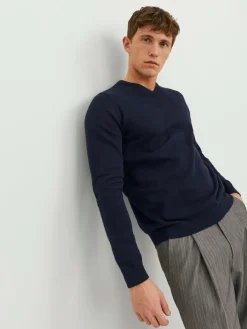 JACK & JONES Basic knit v-neck slim fit, heren pullover katoen met V-hals, blauw