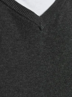 JACK & JONES Basic knit v-neck slim fit, heren pullover katoen met V-hals, donkergrijs melange