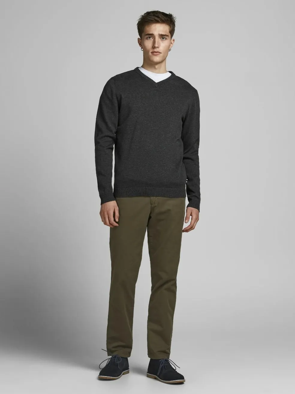 JACK & JONES Basic knit v-neck slim fit, heren pullover katoen met V-hals, donkergrijs melange