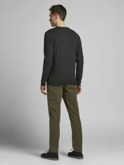 JACK & JONES Basic knit v-neck slim fit, heren pullover katoen met V-hals, donkergrijs melange