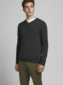 JACK & JONES Basic knit v-neck slim fit, heren pullover katoen met V-hals, donkergrijs melange