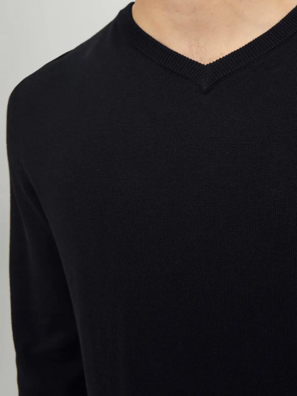 JACK & JONES Basic knit v-neck slim fit, heren pullover katoen met V-hals, zwart