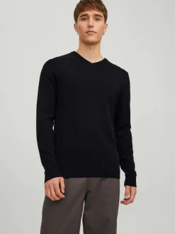 JACK & JONES Basic knit v-neck slim fit, heren pullover katoen met V-hals, zwart