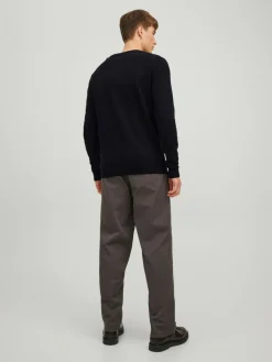 JACK & JONES Basic knit v-neck slim fit, heren pullover katoen met V-hals, zwart