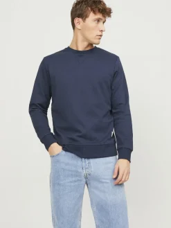 JACK & JONES Basic sweat crew neck regular fit, heren sweatshirt katoenmengsel met O-hals, blauw
