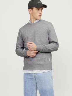 JACK & JONES Basic sweat crew neck regular fit, heren sweatshirt katoenmengsel met O-hals, lichtgrijs melange