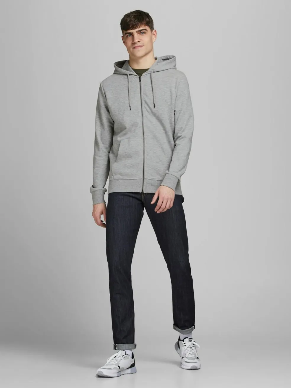 JACK & JONES Basic sweat zip hood slim fit, heren sweatvest katoenmengsel met capuchon, lichtgrijs melange