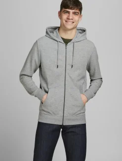 JACK & JONES Basic sweat zip hood slim fit, heren sweatvest katoenmengsel met capuchon, lichtgrijs melange
