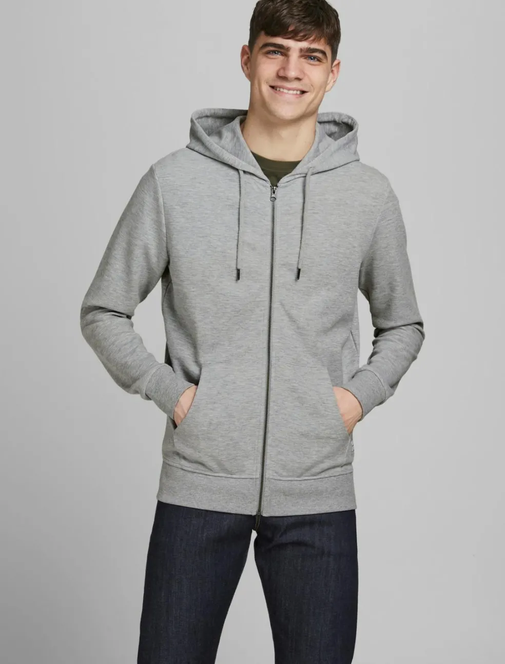 JACK & JONES Basic sweat zip hood slim fit, heren sweatvest katoenmengsel met capuchon, lichtgrijs melange