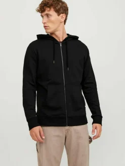 JACK & JONES Basic sweat zip hood slim fit, heren sweatvest katoenmengsel met capuchon, zwart