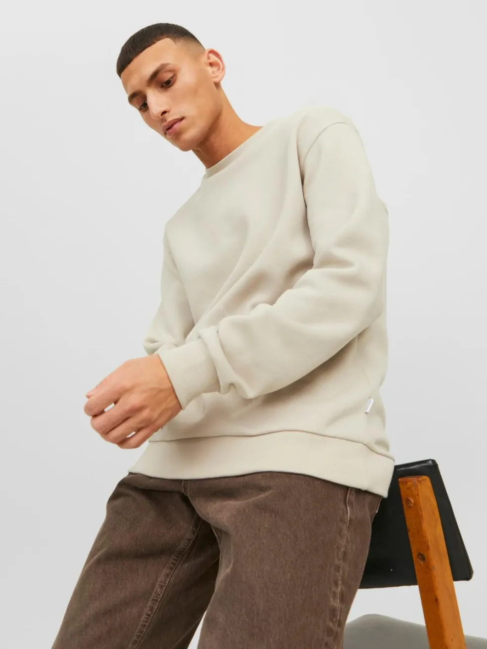 JACK & JONES Bradley sweat crew regular fit, heren sweatshirt katoenmengsel met O-hals, beige