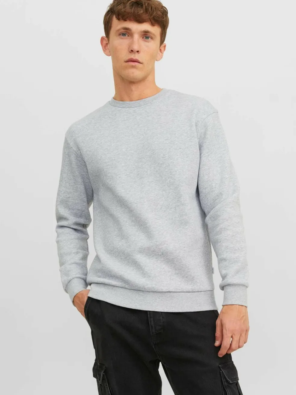 JACK & JONES Bradley sweat crew regular fit, heren sweatshirt katoenmengsel met O-hals, lichtgrijs melange