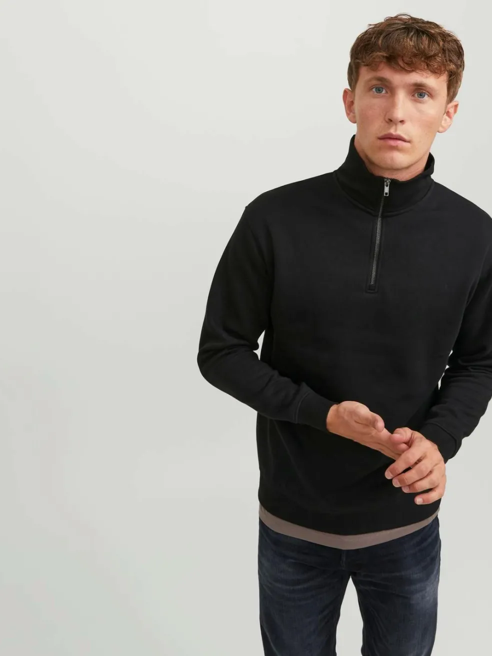 JACK & JONES Bradley sweat half zip regular fit, heren schipperstrui katoenmengsel met opstaande boord, zwart