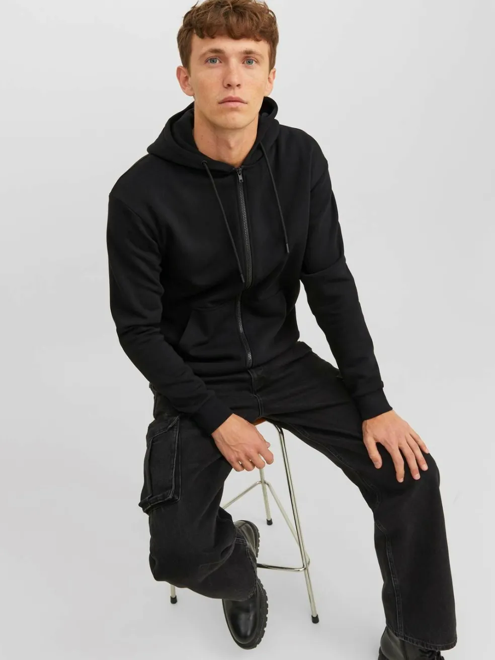 JACK & JONES Bradley sweat zip hood regular fit, heren sweatvest katoenmengsel met capuchon, zwart