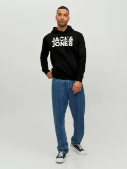 JACK & JONES Corp logo sweat hood regular fit, heren hoodie katoenmengsel met capuchon, zwart grote print